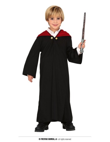 Costume Harry Potter bambino con mantello nero, collo rosso e bacchetta magica per feste a tema