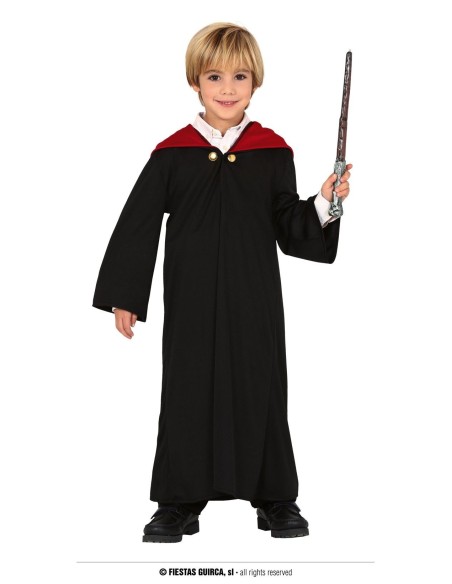 Costume Harry Potter bambino con mantello nero, collo rosso e bacchetta magica per feste a tema