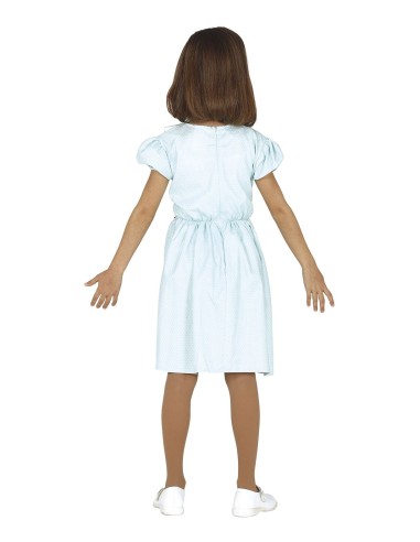 Costume bambina gemellina fantasma con abito azzurro insanguinato e fiocco bianco per Halloween horror