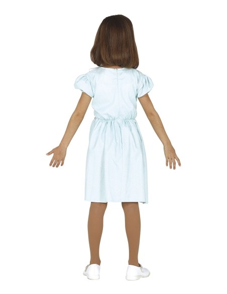Costume bambina gemellina fantasma con abito azzurro insanguinato e fiocco bianco per Halloween horror