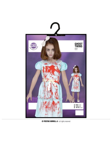 Costume bambina gemellina fantasma con abito azzurro insanguinato e fiocco bianco per Halloween horror