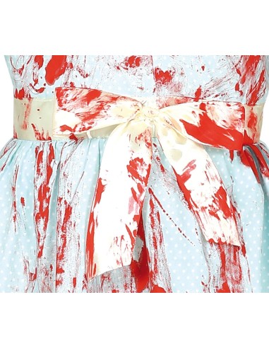 Costume bambina gemellina fantasma con abito azzurro insanguinato e fiocco bianco per Halloween horror