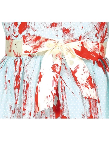 Costume bambina gemellina fantasma con abito azzurro insanguinato e fiocco bianco per Halloween horror