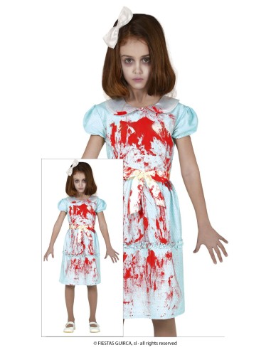 Costume bambina gemellina fantasma con abito azzurro insanguinato e fiocco bianco per Halloween horror