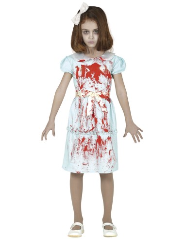 Costume bambina gemellina fantasma con abito azzurro insanguinato e fiocco bianco per Halloween horror