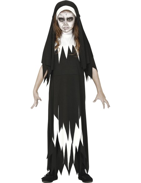 Costume suora diabolica bambina con abito nero strappato e velo per Halloween horror