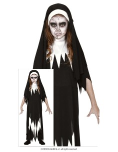 Costume suora diabolica bambina con abito nero strappato e velo per Halloween horror