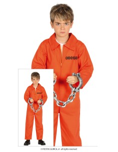 Costume detenuto arancione bambino con tuta e catene per feste a tema