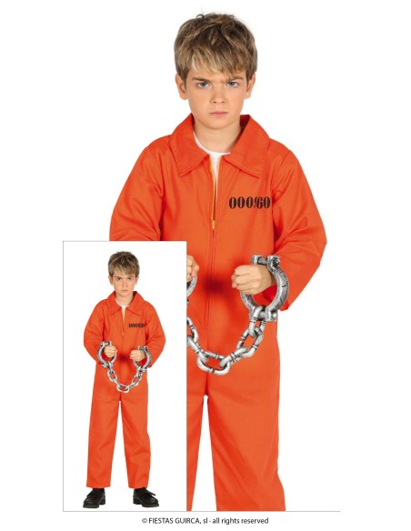 Costume detenuto arancione bambino con tuta carceraria e catene per travestimenti feste a tema