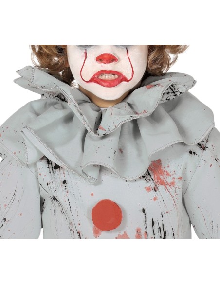 Costume pagliaccio IT Pennywise bambino grigio con sangue e rouches per Halloween horror