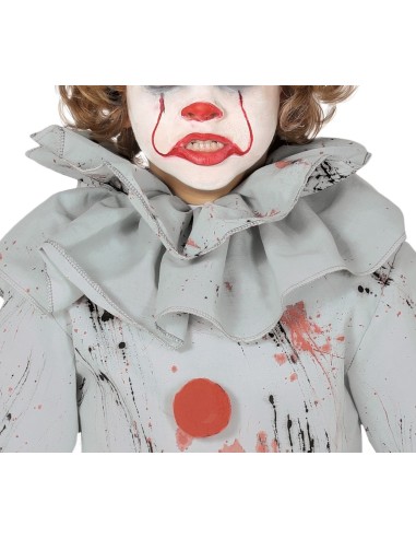 Costume pagliaccio IT Pennywise bambino grigio con sangue e rouches per Halloween horror