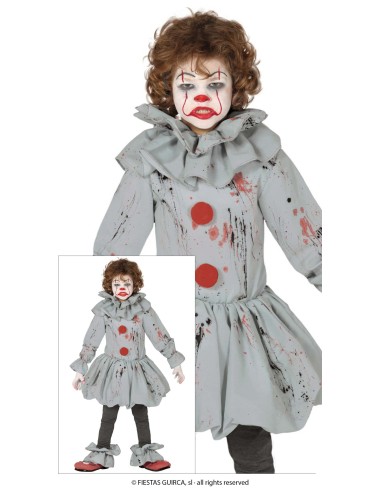 Costume pagliaccio IT Pennywise bambino grigio con sangue e rouches per Halloween horror