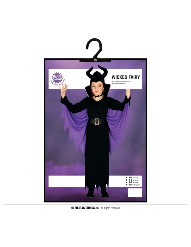 Bambina con costume Maleficent nero e viola con corna e mantello per Halloween