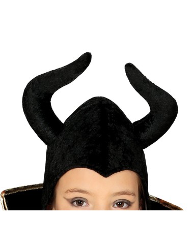 Bambina con costume Maleficent nero e viola con corna e mantello per Halloween