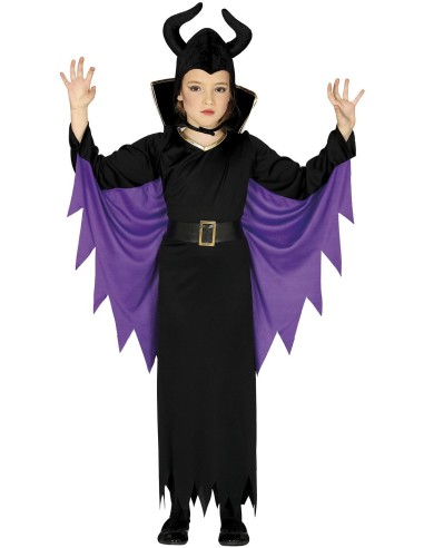 Bambina con costume Maleficent nero e viola con corna e mantello per Halloween