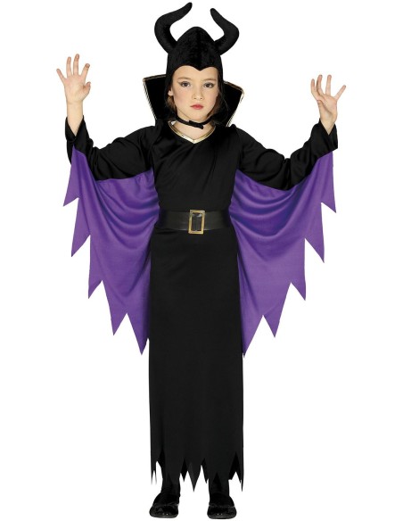 Bambina con costume Maleficent nero e viola con corna e mantello per Halloween