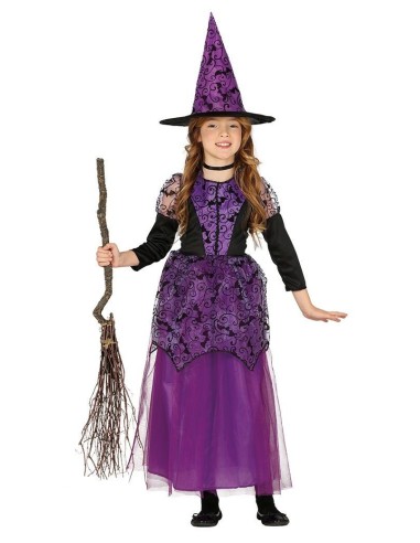 Costume strega lilla bambina con abito lungo viola, corpetto nero, cappello a punta e scopa giocattolo
