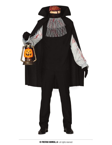 Costume uomo senza testa nero con mantello, camicia bianca e lanterna per Halloween horror