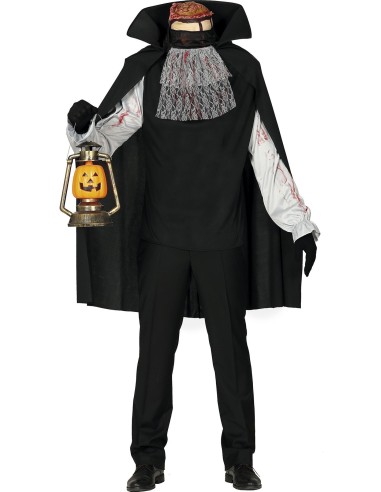 Costume uomo senza testa nero con mantello, camicia bianca e lanterna per Halloween horror