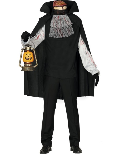 Costume uomo senza testa nero con mantello, camicia bianca e lanterna per Halloween horror