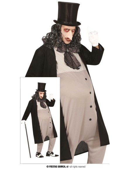 Costume Pinguino cattivo con mantello nero, gilet grigio, cappello cilindro e cravatta pois per Halloween