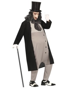 Costume Pinguino cattivo con mantello nero, gilet grigio, cappello cilindro e cravatta pois per Halloween 2