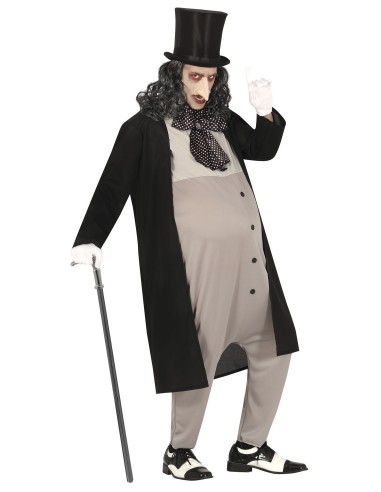 Costume Pinguino cattivo con mantello nero, gilet grigio, cappello cilindro e cravatta pois per Halloween