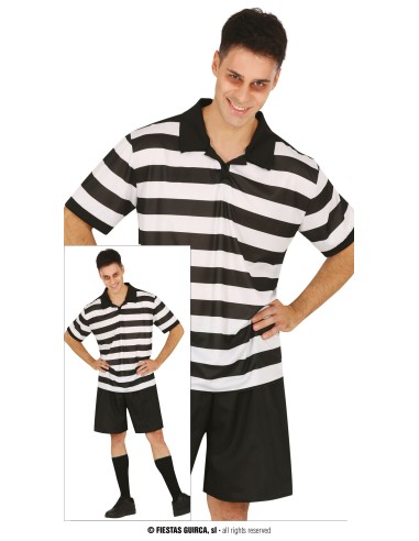 Costume detenuto uomo righe bianche nere casacca pantaloni corti prigioniero carnevale halloween