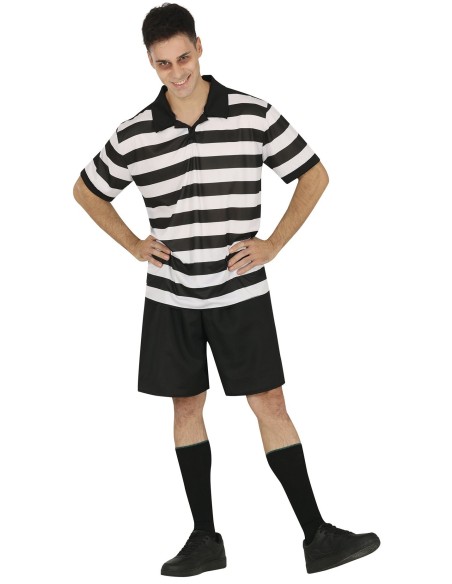 Costume detenuto uomo righe bianche nere casacca pantaloni corti prigioniero carnevale halloween