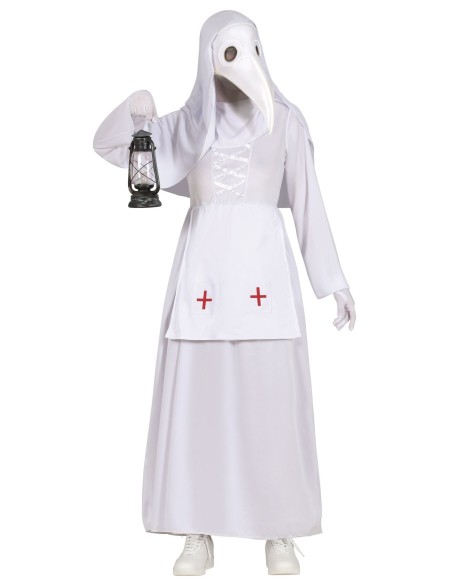 Costume Infermiera della Peste Bianca con mantello, maschera becco e lanterna per Halloween horror