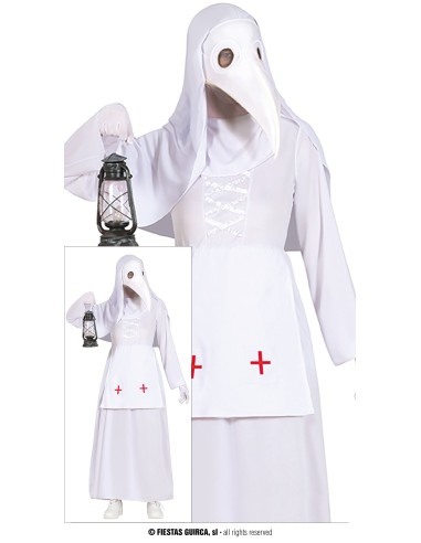 Costume Infermiera della Peste Bianca con mantello, maschera becco e lanterna per Halloween horror