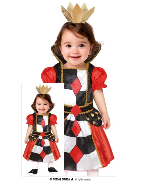 Costume Regina di Cuori bambina con vestito a scacchiera e corona dorata per feste a tema fiabe