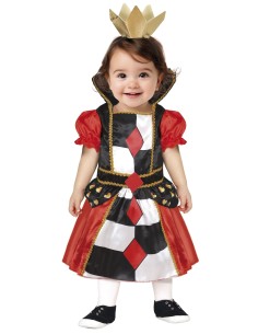 Costume Regina di Cuori bambina con vestito a scacchiera e corona dorata per feste a tema fiabe 2