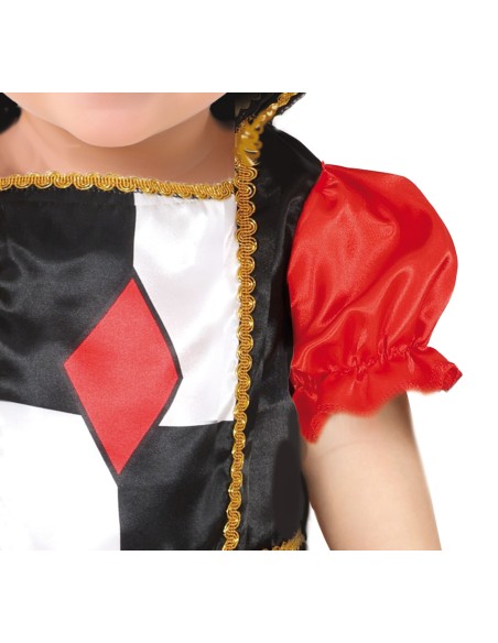 Costume Regina di Cuori bambina con vestito a scacchiera e corona dorata per feste a tema fiabe