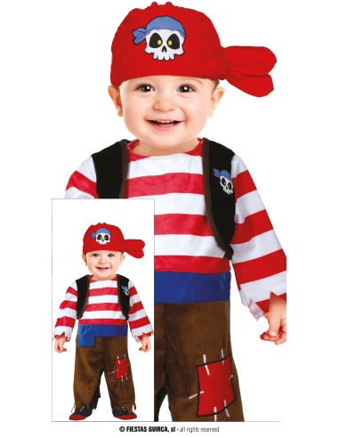 Costume pirata bambino 18-24 mesi con maglia righe, gilet nero e cappello rosso con teschio