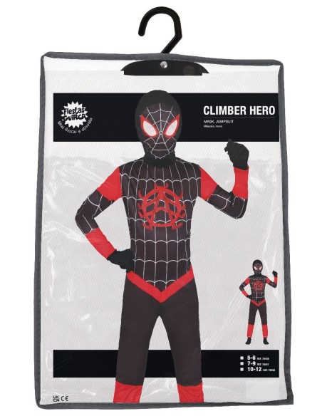 Costume Spiderman nero bambino con ragnatela rossa e maschera inclusa per feste a tema supereroi