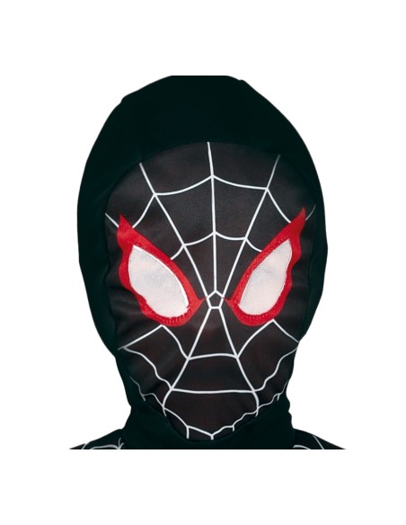 Costume Spiderman nero bambino con ragnatela rossa e maschera inclusa per feste a tema supereroi