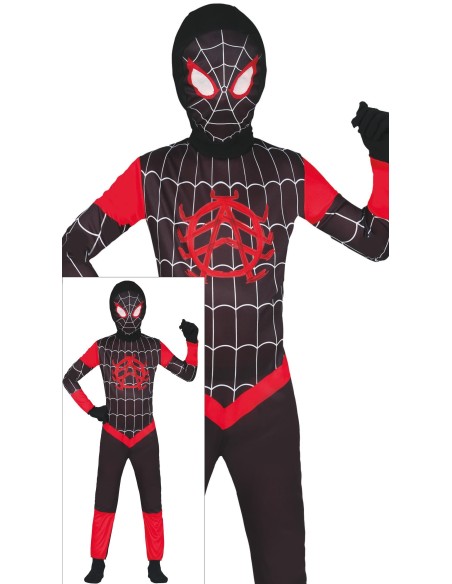 Costume Spiderman nero bambino con ragnatela rossa e maschera inclusa per feste a tema supereroi