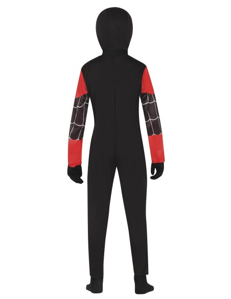 Costume Spiderman nero bambino con ragnatela rossa e maschera inclusa per feste a tema supereroi
