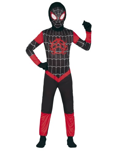 Costume Spiderman nero bambino con ragnatela rossa e maschera inclusa per feste a tema supereroi