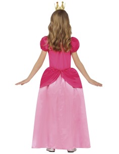 Costume principessa bambina rosa fucsia con corona dorata e gonna lunga per feste a tema fiabe