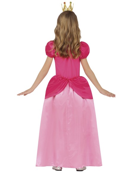 Costume principessa bambina rosa fucsia con corona dorata e gonna lunga per feste a tema fiabe