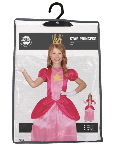 Costume principessa bambina rosa fucsia con corona dorata e gonna lunga per feste a tema fiabe