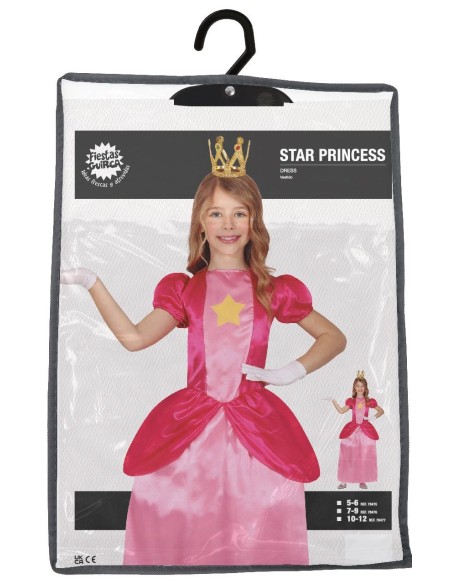 Costume principessa bambina rosa fucsia con corona dorata e gonna lunga per feste a tema fiabe