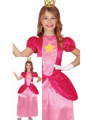 Costume principessa bambina rosa fucsia con corona dorata e gonna lunga per feste a tema fiabe
