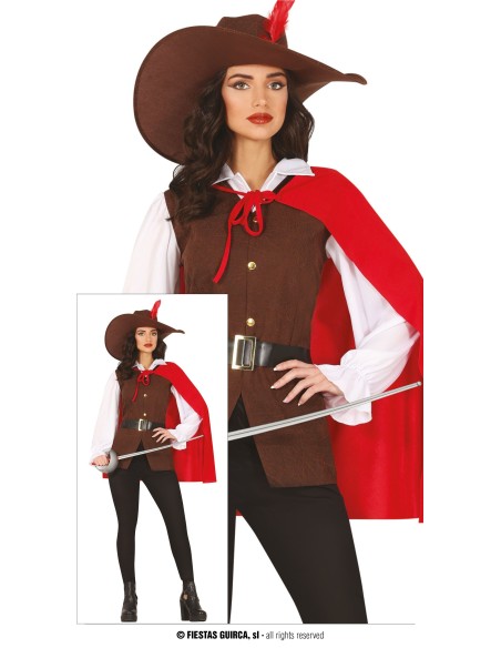 Costume moschettiere donna con mantello rosso, gilet marrone, cappello con piuma e camicia bianca