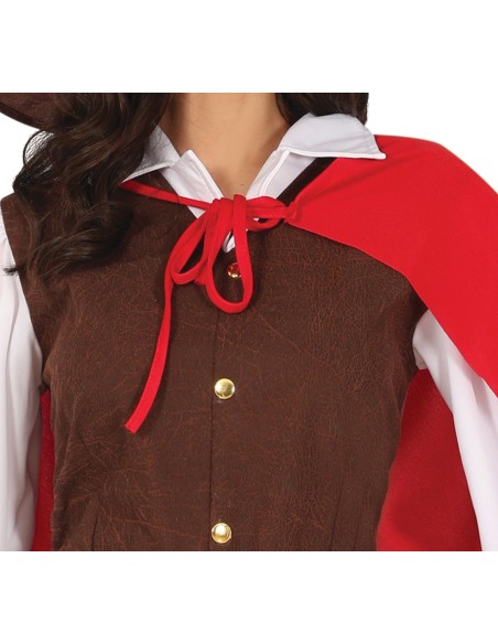 Costume moschettiere donna con mantello rosso, gilet marrone, cappello con piuma e camicia bianca