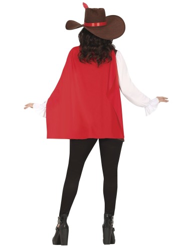 Costume moschettiere donna con mantello rosso, gilet marrone, cappello con piuma e camicia bianca