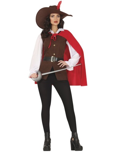 Costume moschettiere donna con mantello rosso, gilet marrone, cappello con piuma e camicia bianca