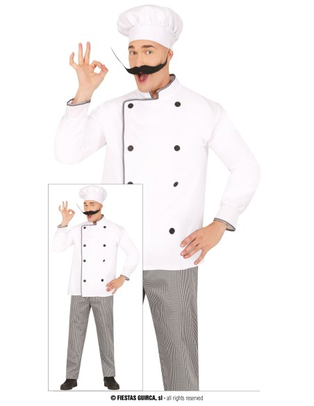 Costume da chef completo con giacca bianca, pantaloni a scacchi e cappello da cuoco per feste a tema